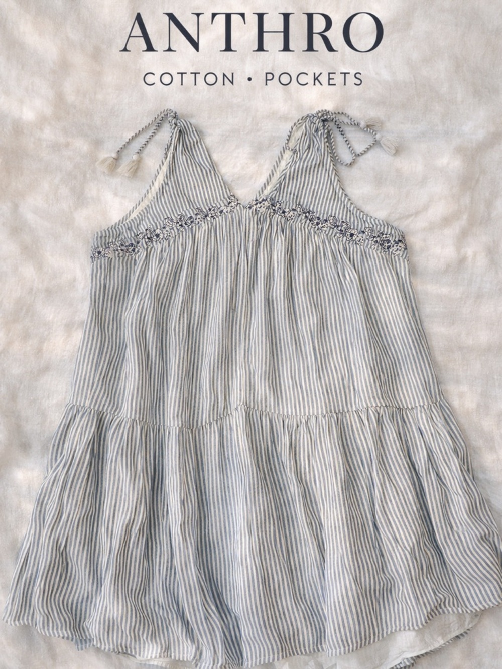 Anthropologie Striped Cotton Tie-Shoulder Sundress in Light Blue